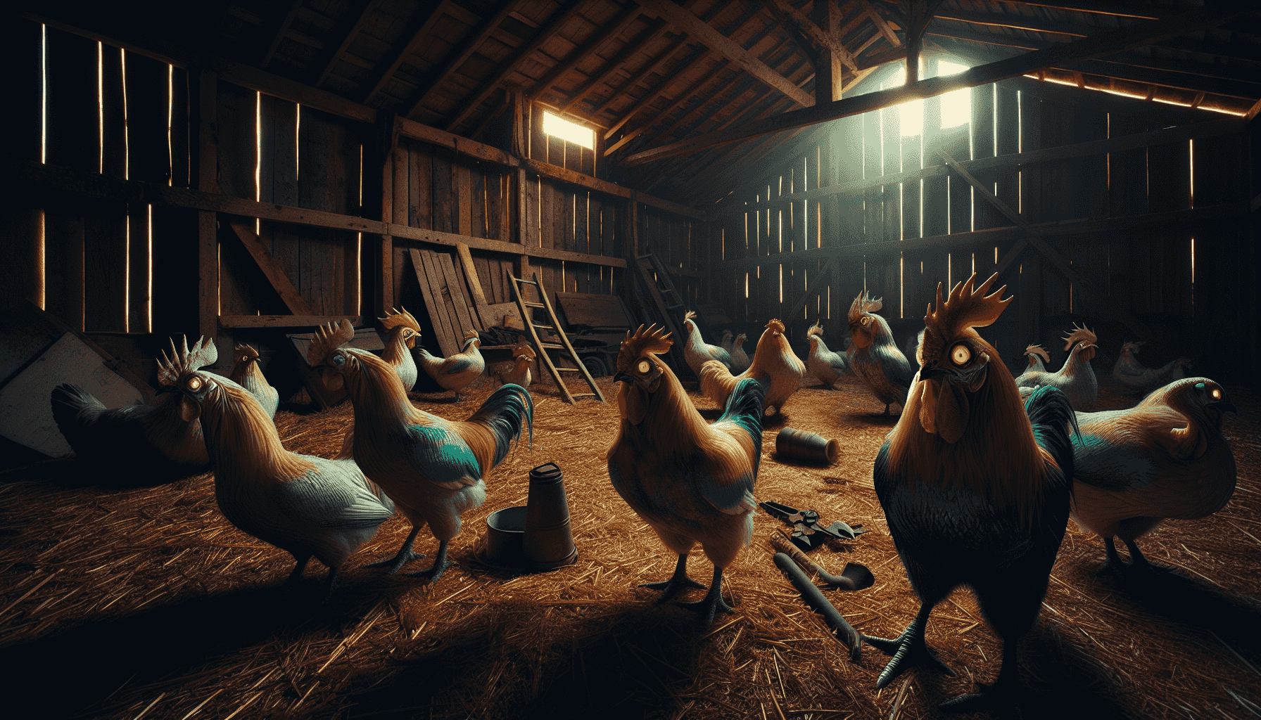 Dark barn with mutant chickens